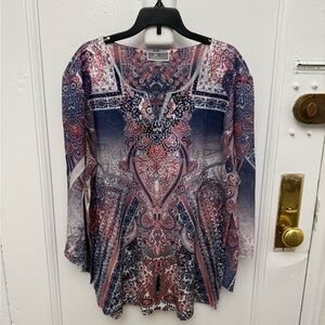 JM Collection Paisley Long Semi Sheer Sleeve Tunic Top Red White Blue Size XL